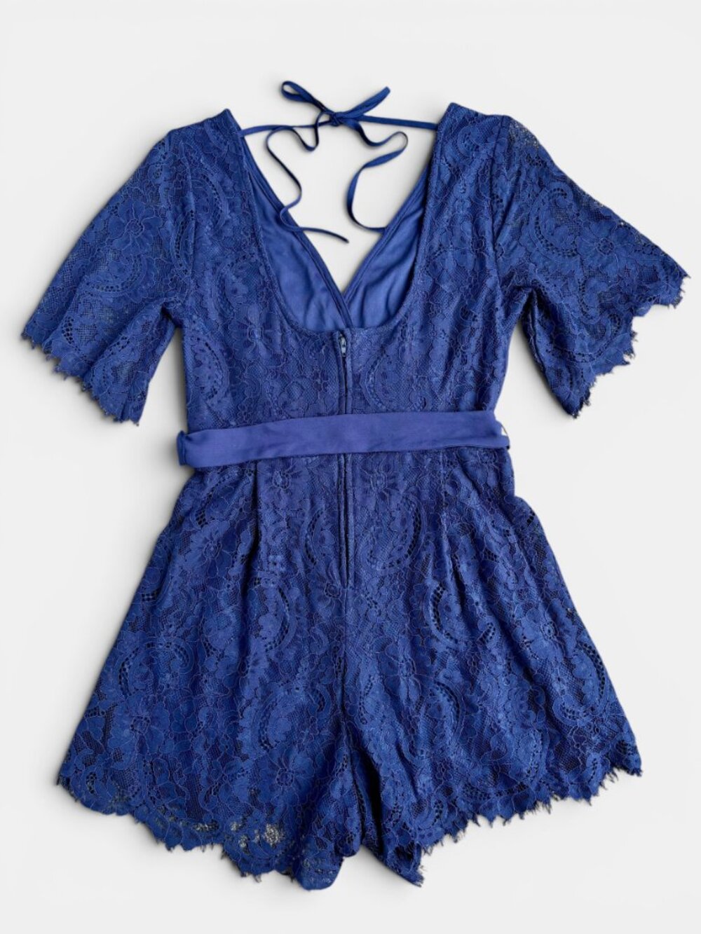 Blue Rain Navy Blue Lace Romper Wrap Front Tie Waist Flutter Sleeve Size Small - Picture 3 of 16